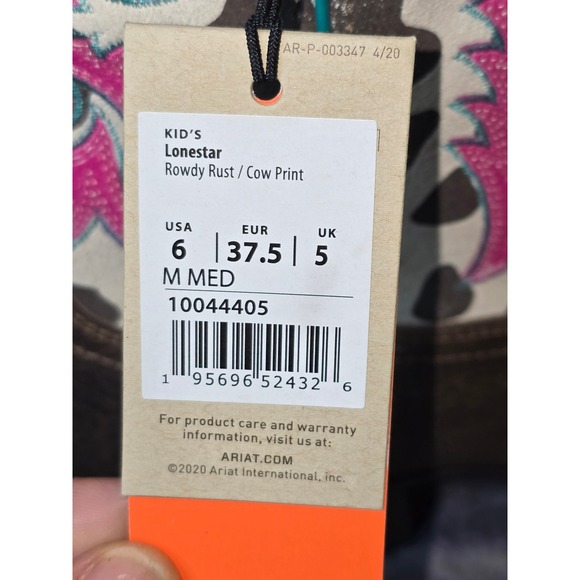 NWB Ariat Kids Lonestar Rowdy‎ Rust Cow Print Western Square Toe Boots Size 6 - Picture 5 of 12